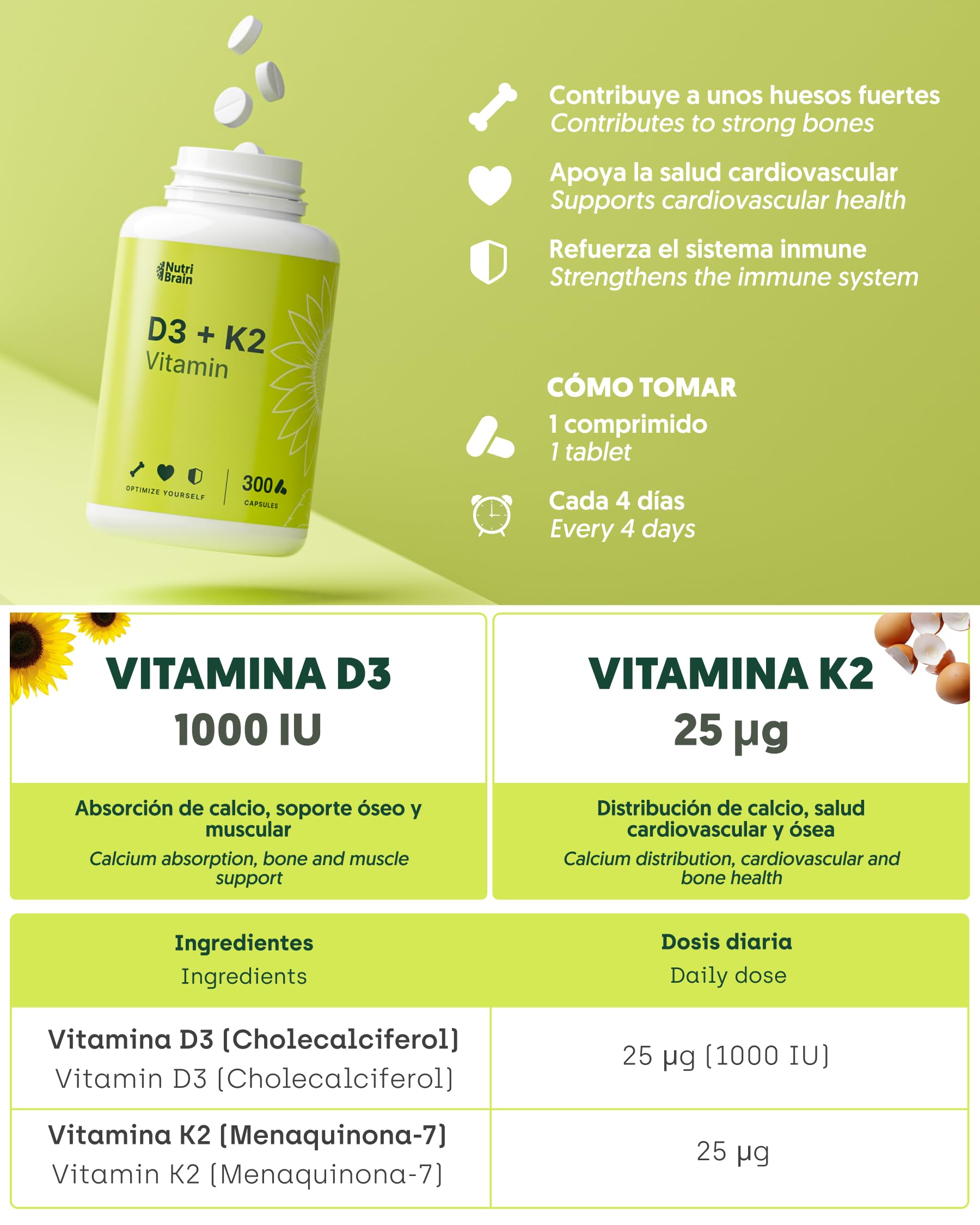 Vitamina D3 y K2 1000UI - 300 Comp - 10 Meses | Premium: MK-7 100% All-Trans Máxima Biodisponibilidad | Apoya Huesos, Sistema Inmune y Corazón