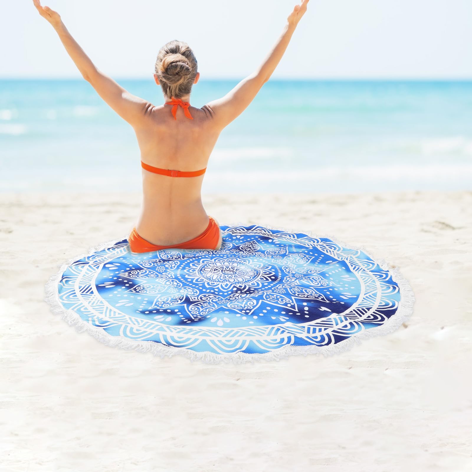 FRCOLOR Toalla de Playa Fina Redonda de Microfibra Azul, Secado Rápido