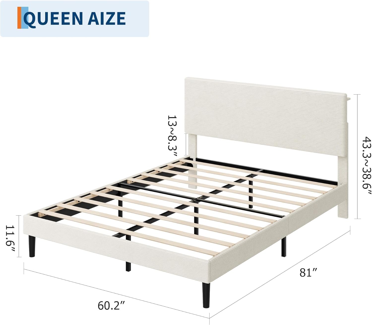 Garvee Queen Size Bed Frame with USB Charging Station, Corduroy Upholstered Platform Bed Frame with Adjustable Storage Headboard, Wooden Slats Support, No Box Spring Needed, Easy Assembly, Beige