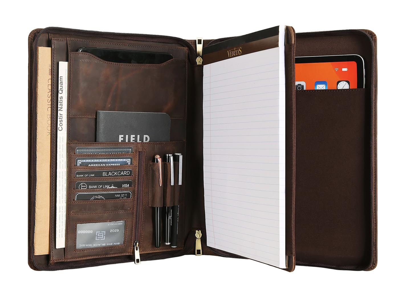 Handmade Genuine Leather Portfolio Organizer for IPad/Document, Business Padfolio with A4 Leather Notepad Holder, Leather Compact Folder Conference