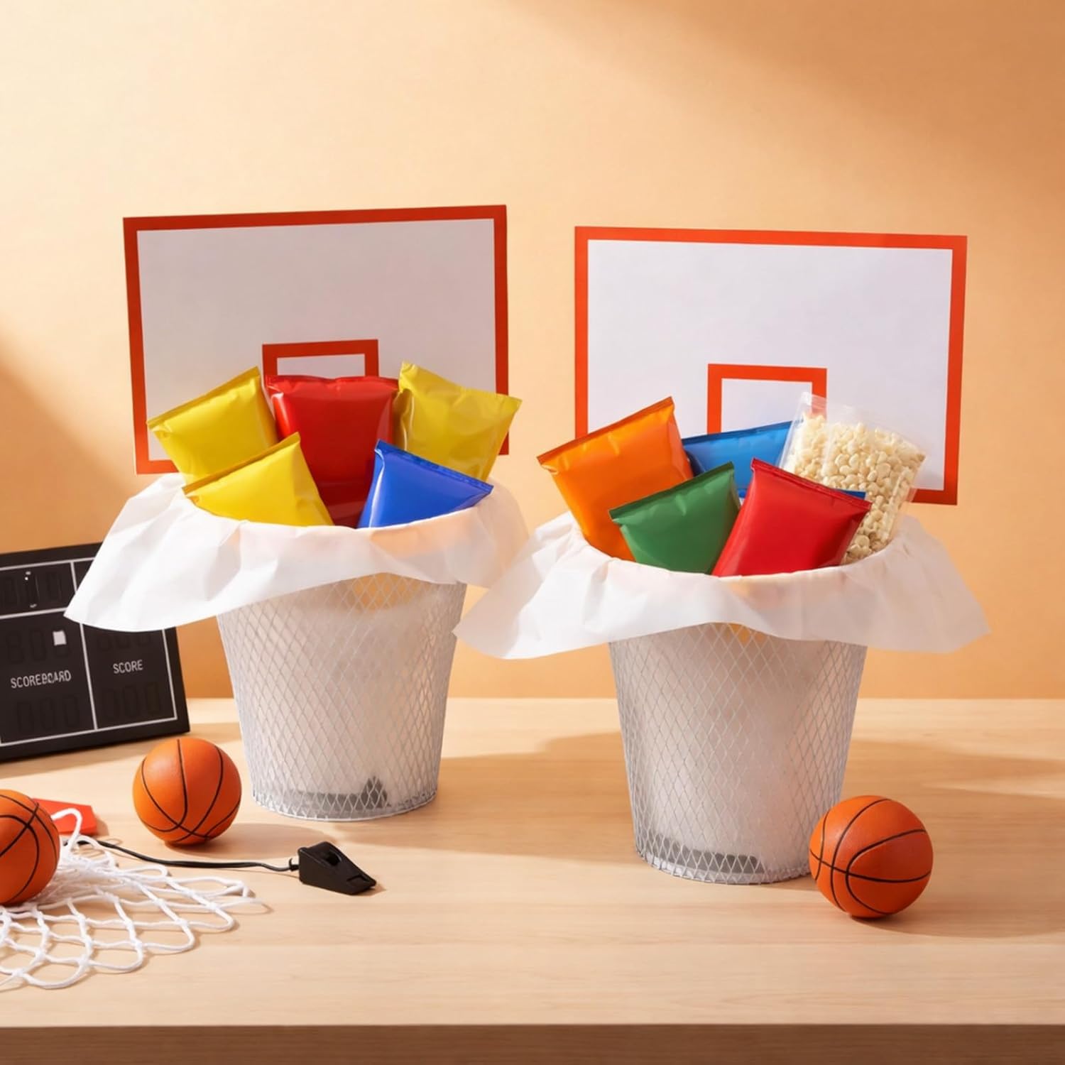 Geetery 2 Sets Basketball Senior Night Gift Baskets Metal Basketball Player Treat Buckets Basket Ball Hoop Snack Cup with DIY Backboard for 2026 Graduation Birthday Party Favor