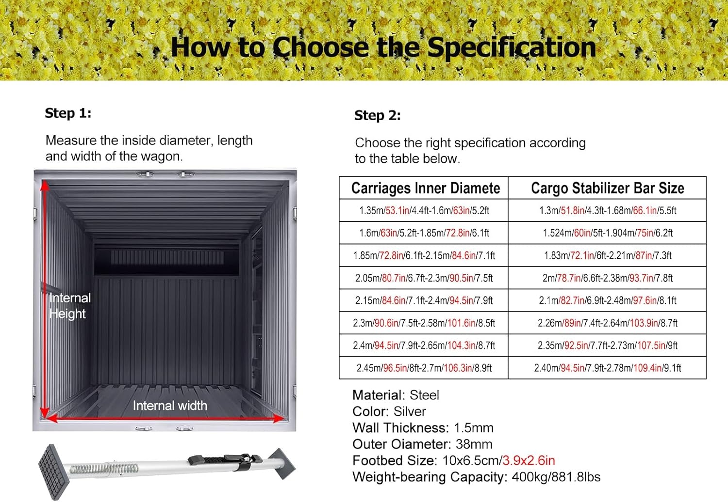 Cargo Stabilizer Bar 6 Pcs Cargo Ratcheting Cargo Bar for Safe Transport of Heavy Items, Heavy-Duty Cargo Stabilizer Bar with Sprung, Steel Adjustable Improved Locking Mechanism(94.5-109.4in)