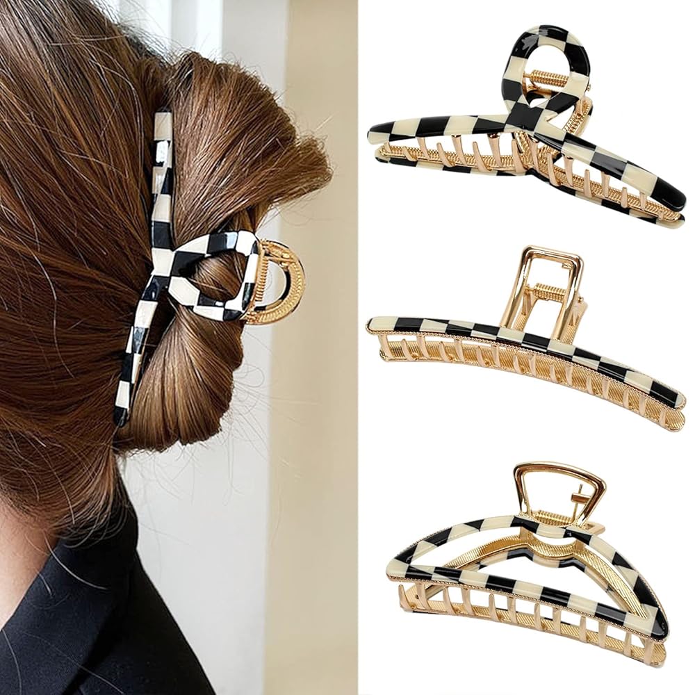 Big Hair Claw Clips Checker Claw Butterfly Barrettes Claw Clips for Women Lattice Design Acetate Claw Clips Metal Hair Clip for Girls Large Hair Accessories for Long Thick Hair 3 Pcs