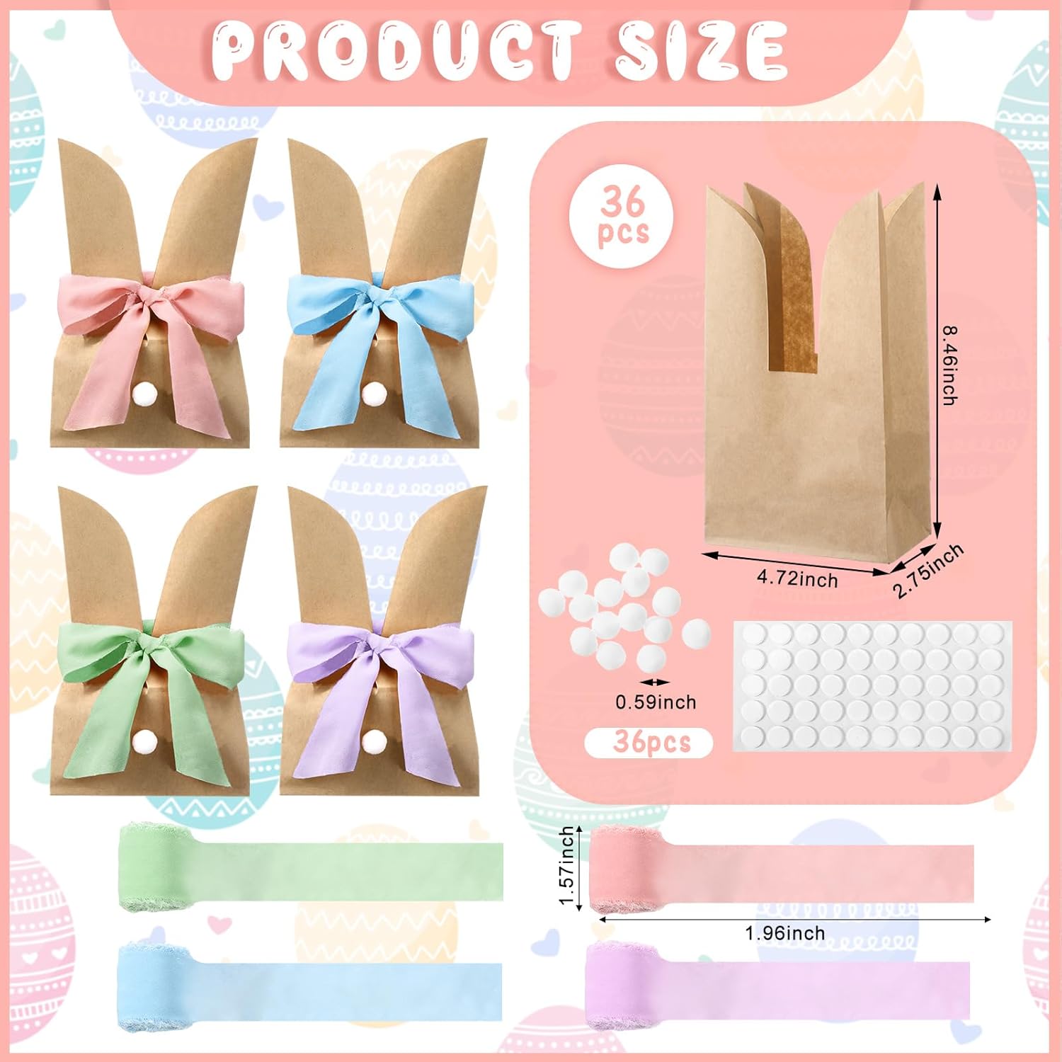 Motipuns 36 Set Easter Bunny Bags, Bunny Paper Gift Treat Bags Cute Candy Goodie Brown Kraft Party Favors Supplies Crafts for Birthday Wedding Party