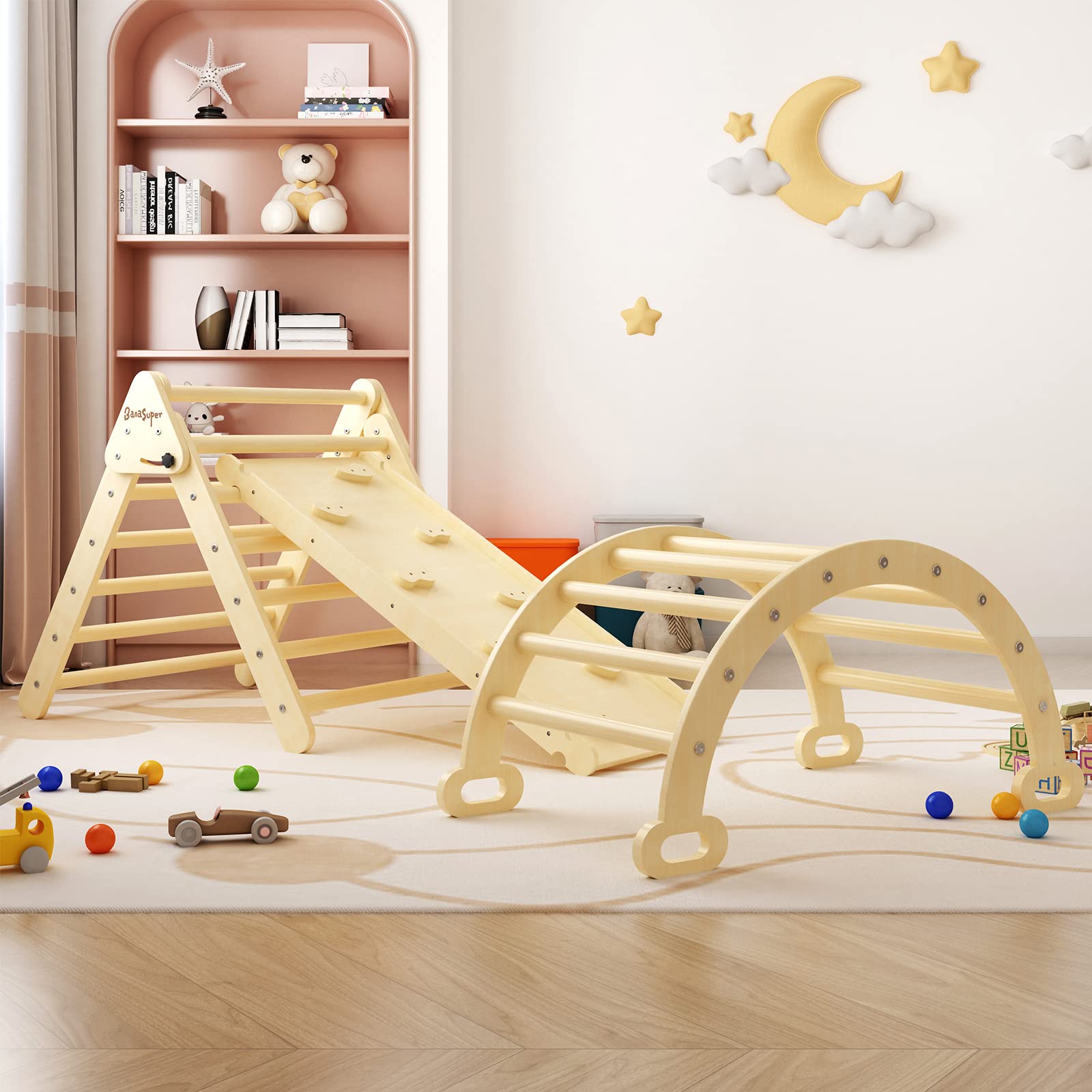 BanaSuper Large 3 in 1 Climbing Triangle Ladder with Ramp & Arch Foldable Wooden Climbing Triangle Set Montessori Climbing Toys for Baby Ourdoor Indoor Playground Play Gym Gift for Boys Girls