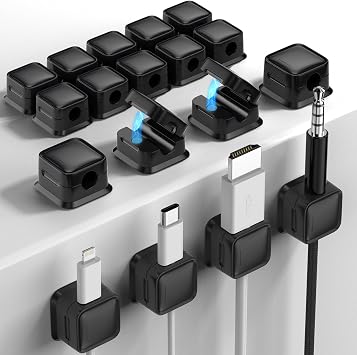 18 Pack Cord Organizer, Magnetic Cable Clips, Under Desk Management, Black | 0.27in Cable Compatible,Strong Adheive Wire Holder Keeper,Easy Open Phone Charger Holder for Home Car Desk Nightstand Office