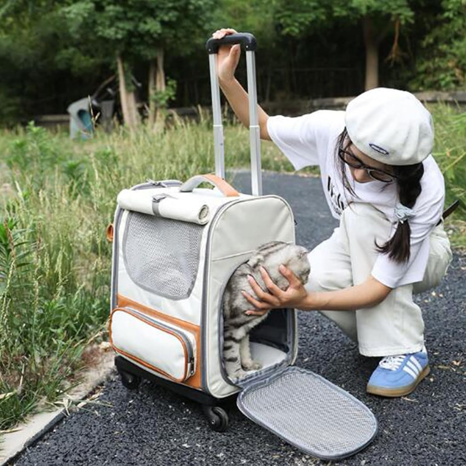 Bolso Carro Portamascotas con Ruedas, Mochila para Gato Perro Pequeño con Malla Transpirable, Trasportín Plegable para Senderismo Viaje Aeropuerto, Gris 152 cha, Grey