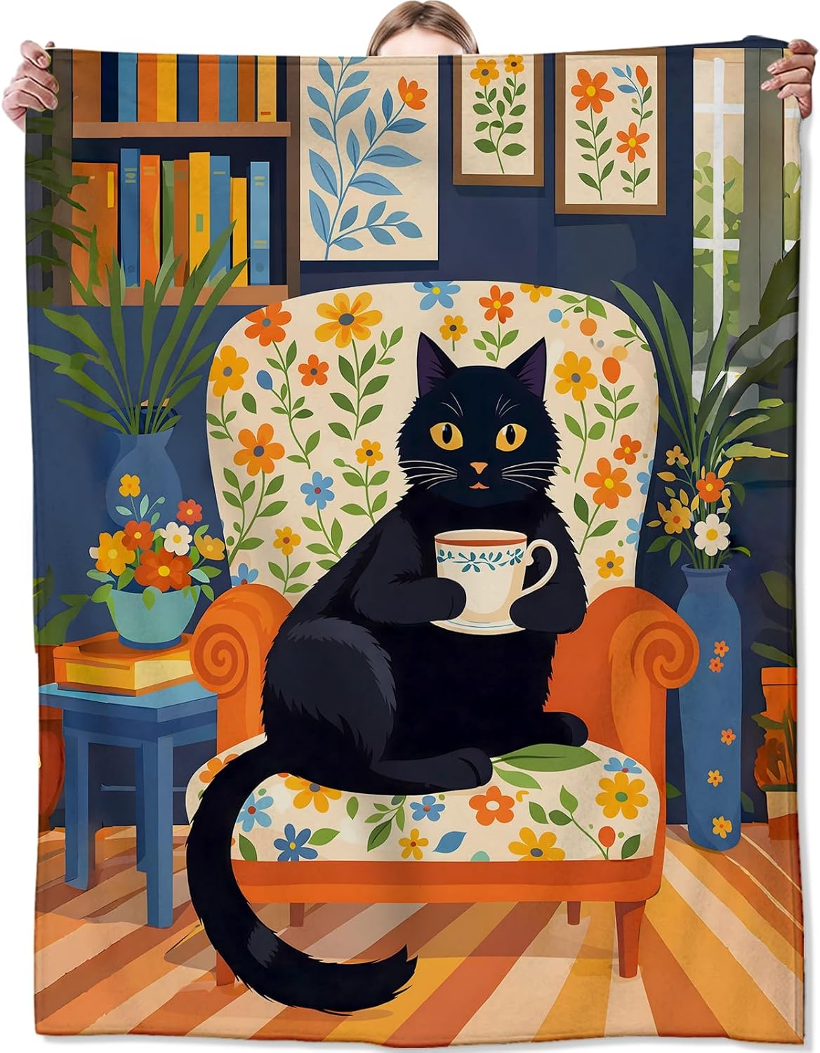 Playful Black Cat Flannel Blanket, Soft Cozy Throw with Floral Kitten, Lightweight Blankets for All Seasons, Flower Botanical Home Sofa Bed Decor and Gifts for Kids Girls Boys, 50x60 Inch