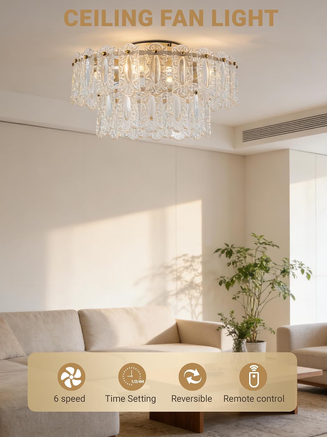 20inch Gold Caged Ceiling Fans with Lights,Crystal Flush Mount Fandelier Ceiling Fan with Light and Remote,Low Profile Ceiling Fan with Light for Bedroom,Dining Room,Living Room