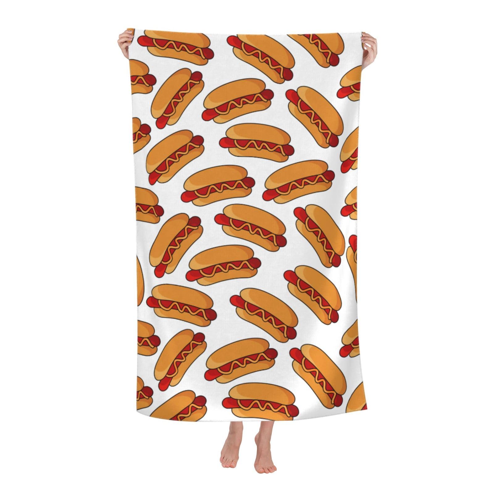 VOOHDDY Fun Hot Dog Food Beach Towel Soft Absorbent Microfiber Quick Dry Large Bath Towels for Bathroom Women Men Girls Pool Camping Travel Swimming