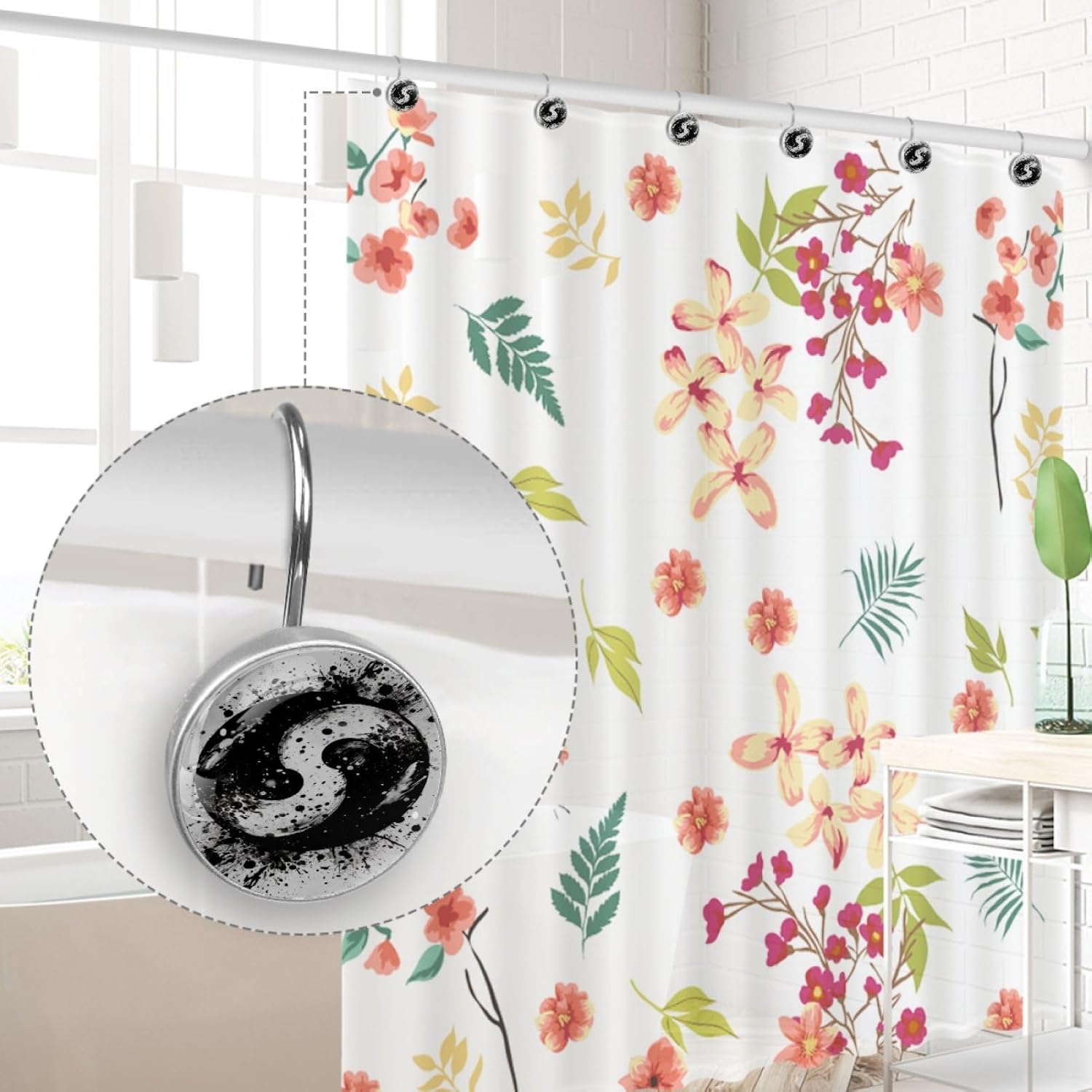 12 Pcs Black Yin-yang Glass Shower Curtain Hooks, Rust Resistant Hooks Rings for Bathroom, Stainless Steel Decorative Shower Rings for Shower Curtains Rods