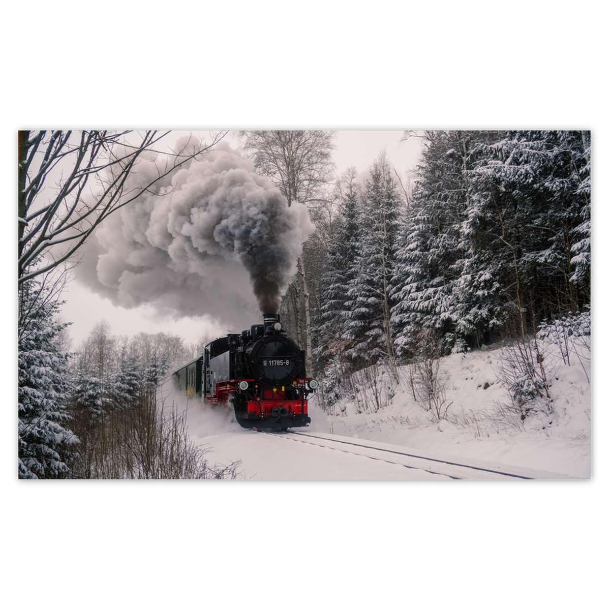 Papier peint panoramique locomotive d'hiver intissé premium