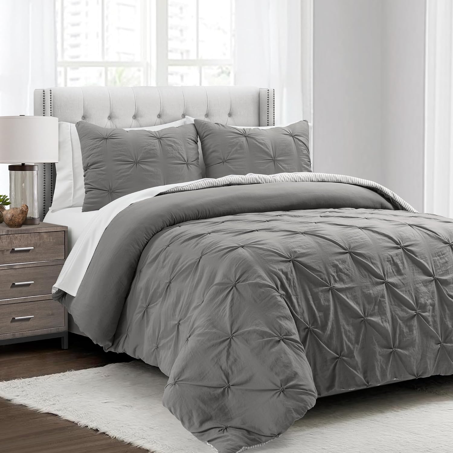 Lush Decor Ravello Pintuck Comforter Set Bed In A Bag - 7 Piece Reversible Comforter With Sheet Set - Textured Bedding Set - Traditional Glam & Farmhouse Inspired Bedroom Decor - King, Gray