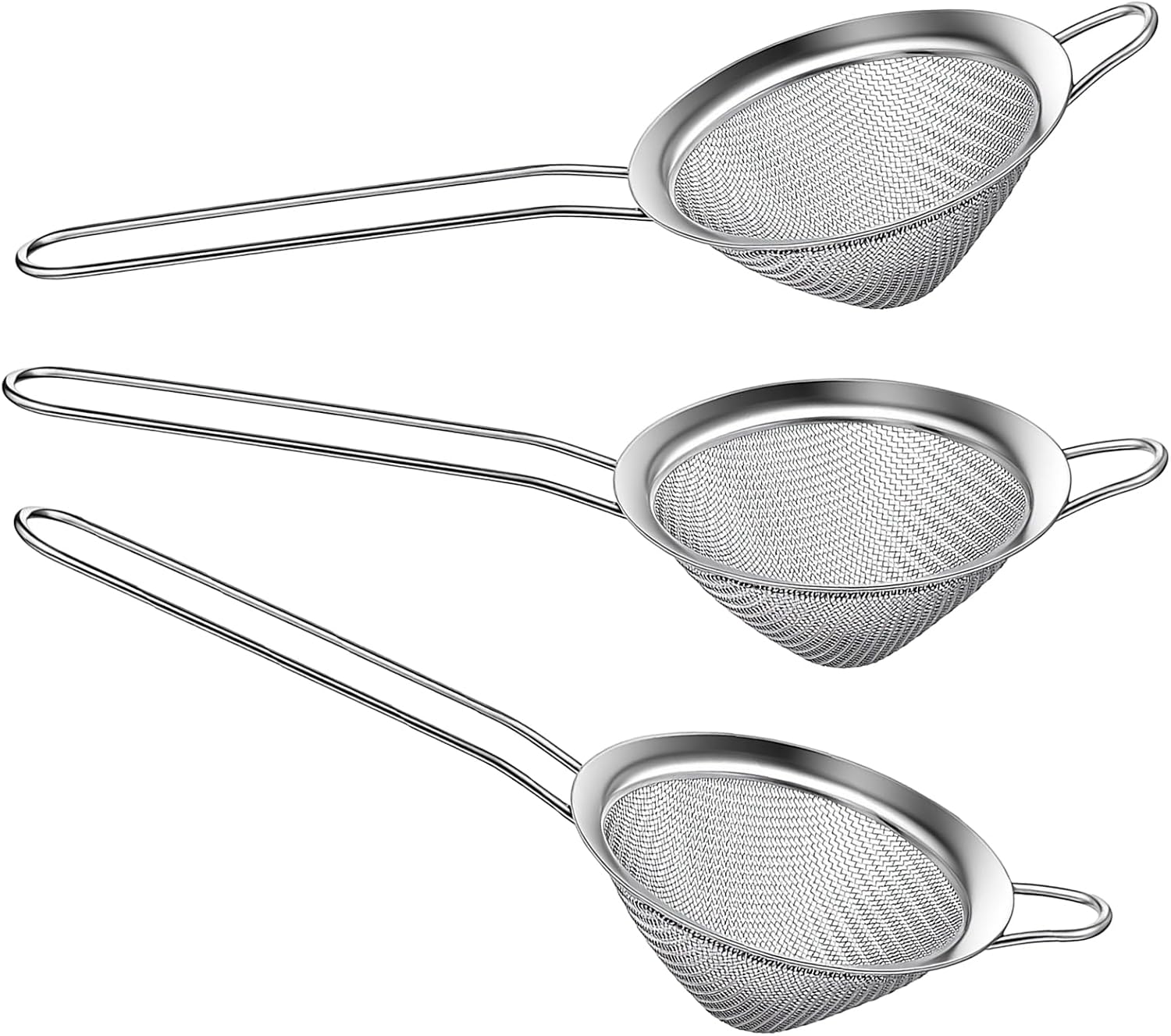 3 PCS Small Strainer, Stainless Steel Small Fine Mesh Strainer with Handle Sieve Sifter Tool for Kitchen Bar Food Loose Leaf Cocktail Juicing, Silver