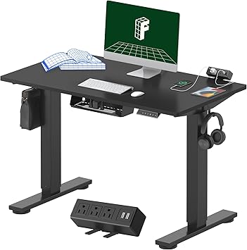 FLEXISPOT EN2 Whole-Piece Standing Desk with Clamp Power Strip, 40 x 24'' Electric Stand Up Height Adjustable Desk with Cable Management (Black Frame + 40 Black Top)