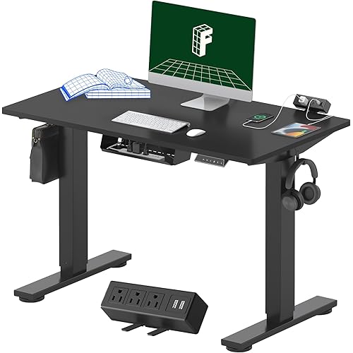 FLEXISPOT EN2 Whole-Piece Standing Desk with Clamp Power Strip, 40 x 24'' Electric Stand Up Height Adjustable Desk with Cable Management (Black Frame + 40" Black Top)