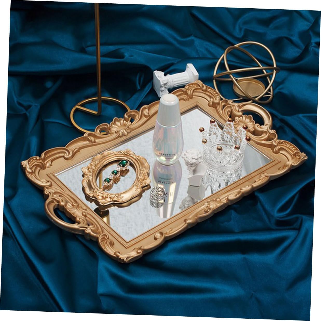 BESPORTBLE Retro European Cosmetic Storage Tray Mirror Plate, Golden Rectangular Perfume Organizer for Vanity, Decorative Mirror Tray Photo Prop and Household Storage Accessory