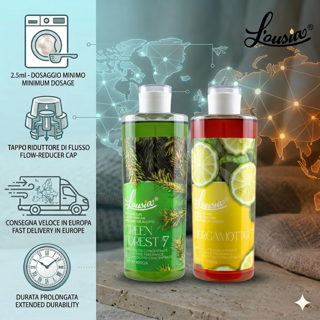 Set L’ousia Fresh Balance 2x400 g – Green Forest, Bergamotto, profumo per bucato concentrato e persistente, fino a 320 lavaggi
