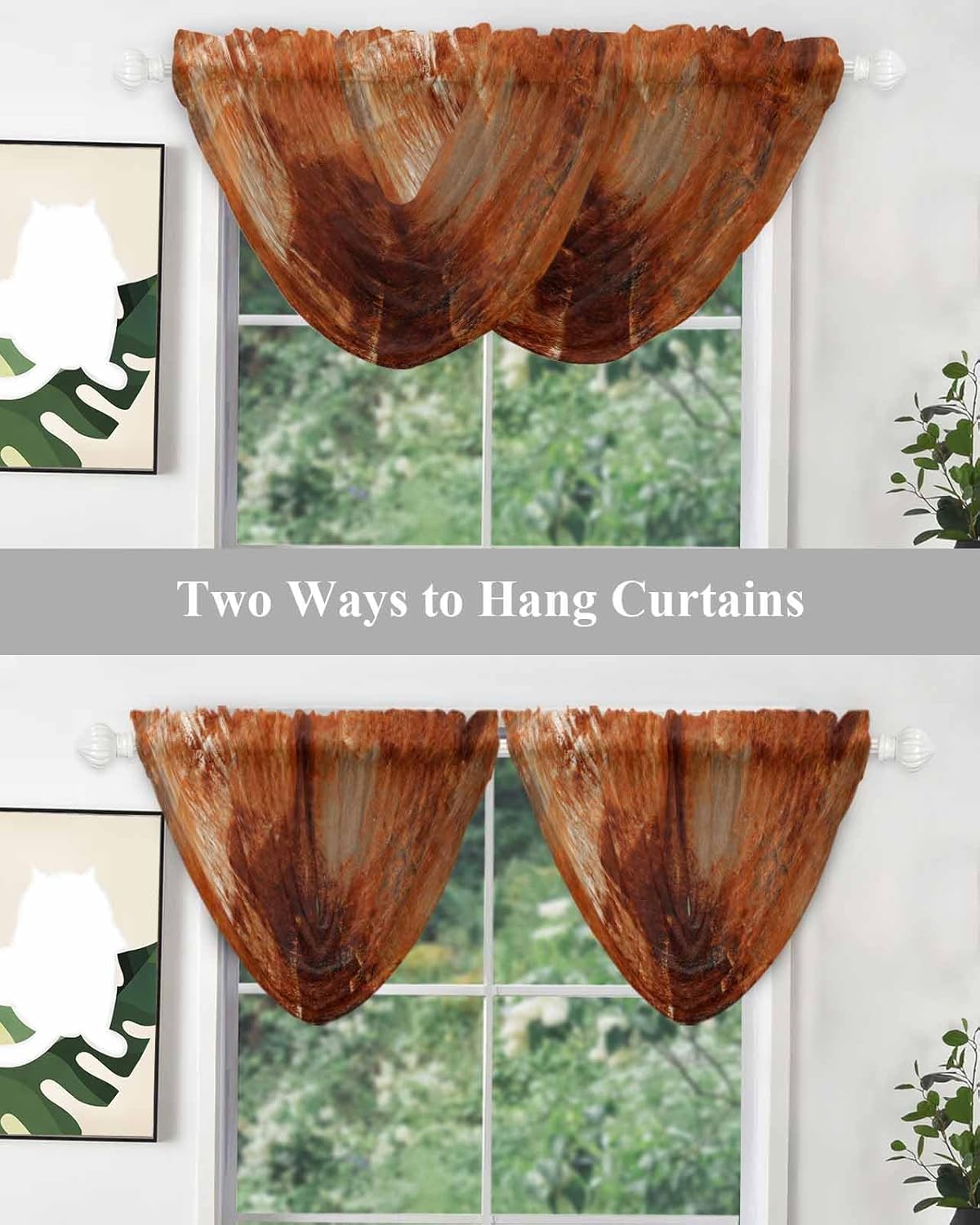 Burnt Orange Waterfall Valance Curtains for Window, Orange Grey Ombre Sheer Valances Rod Pocket, Oil Modern Painting Voile Topper Swag Curtain for Living Room, Kitchen 38.5"W x 47.2"L, 3 Panel