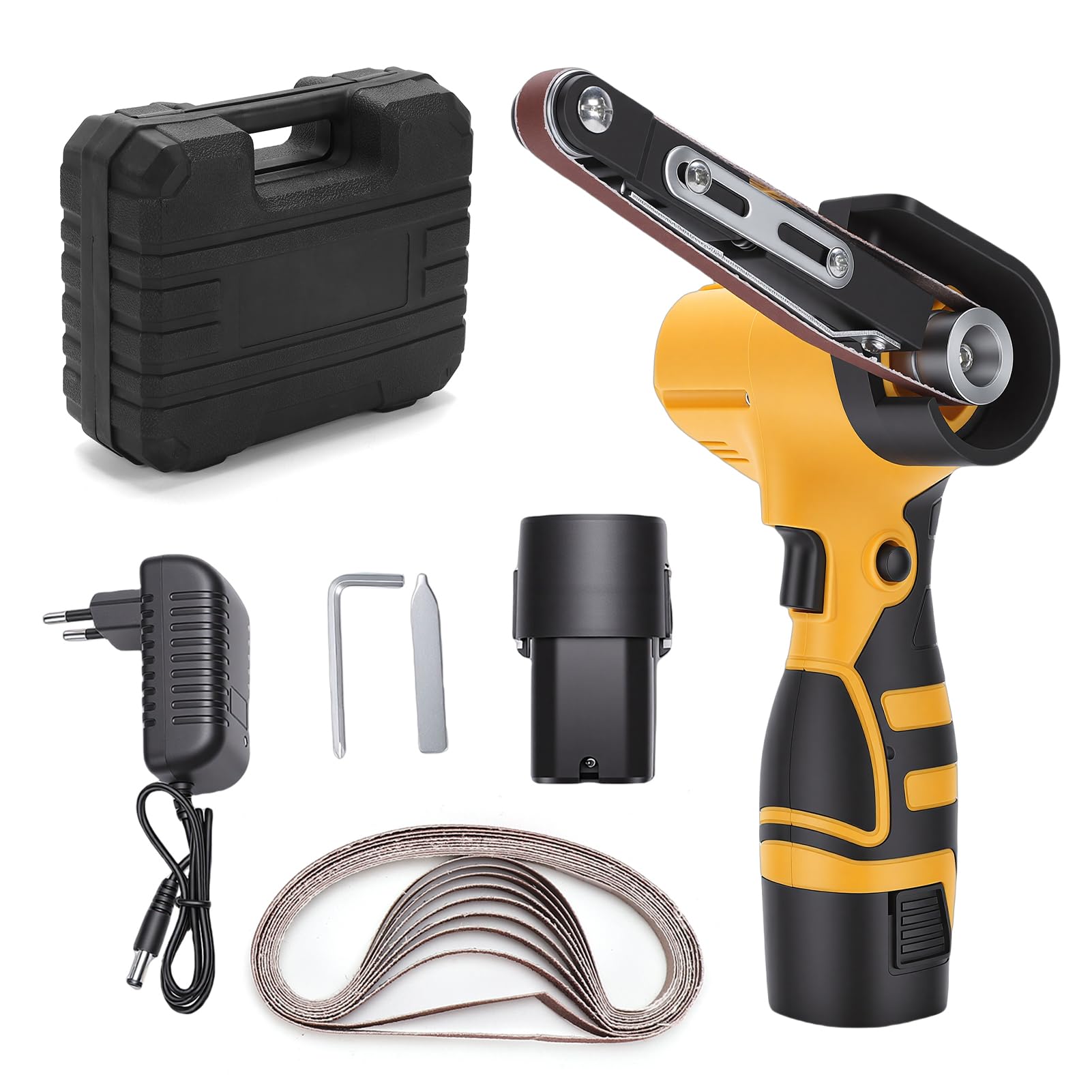 Weytoll Levigatrice a nastro senza fili da 16,8 V, 7000 giri/min, mini levigatrice a nastro con 10 nastri abrasivi in ​​ossido di alluminio, 2 batterie da 1500 mAh per legno, metallo e plastica