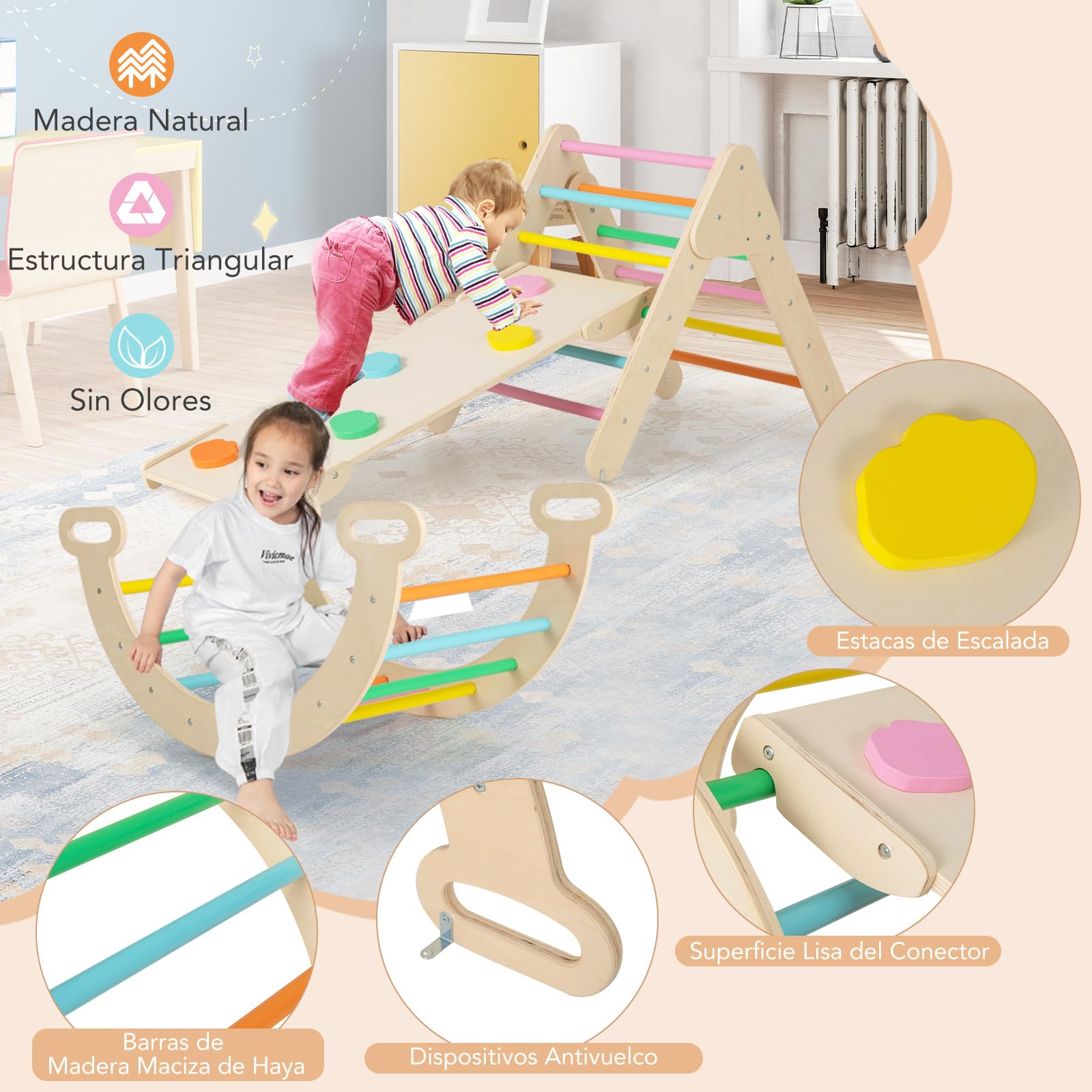 COSTWAY 7 en 1 Triángulo de Escalada de Madera para Niños, Juego de Escalada con Triángulo, Arco, Rampa para Deslizarse o Escalar, Set de Escalada Montessori para Niños 1+ Año (Multicolor)