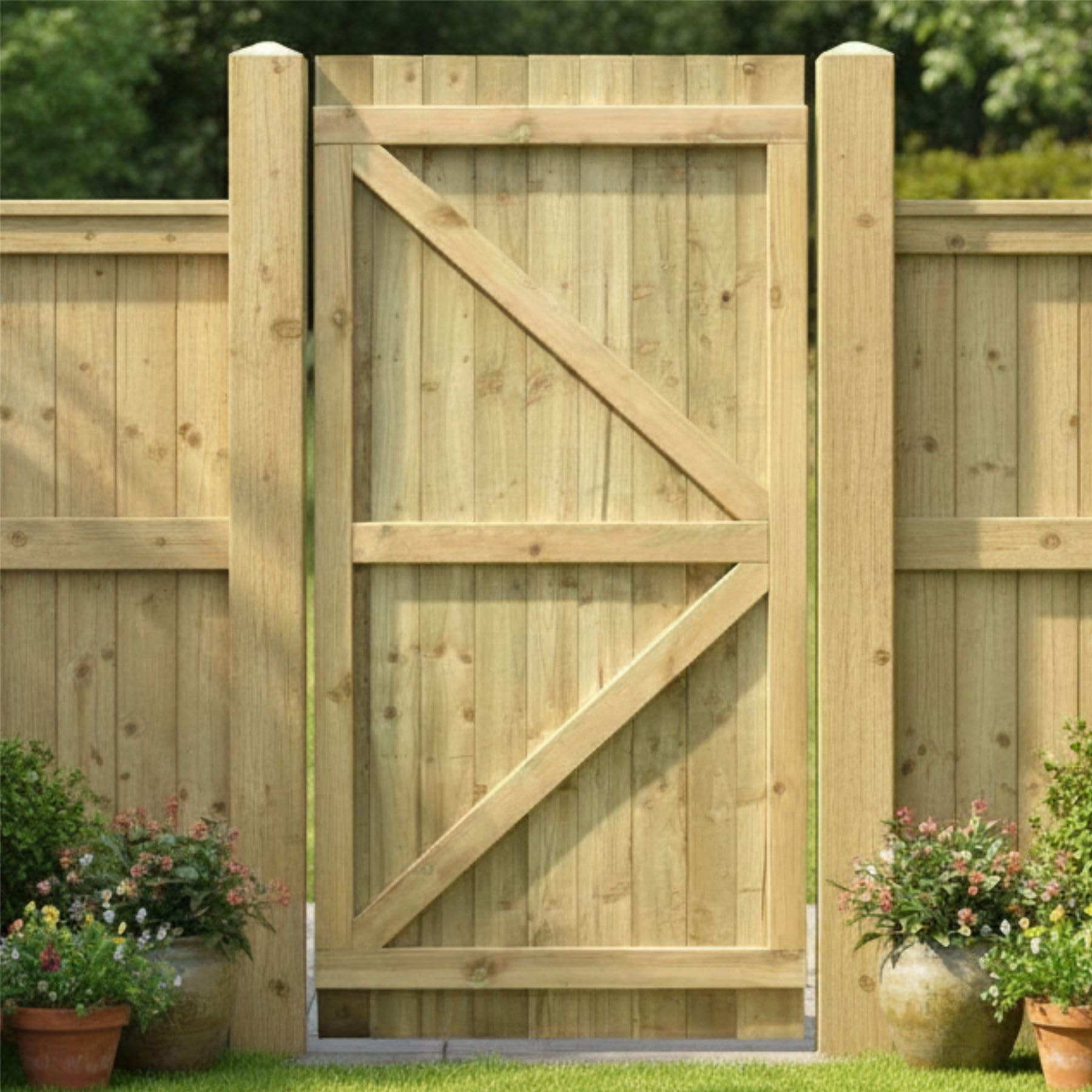 Flat Top Wooden Garden Gate 6x4ft - Feather Edge Fully Framed Treated Timber Door, H:6ft x W:4ft Ideal for Outdoor Pathway Home Access (High: 180cm x Wide: 120cm)