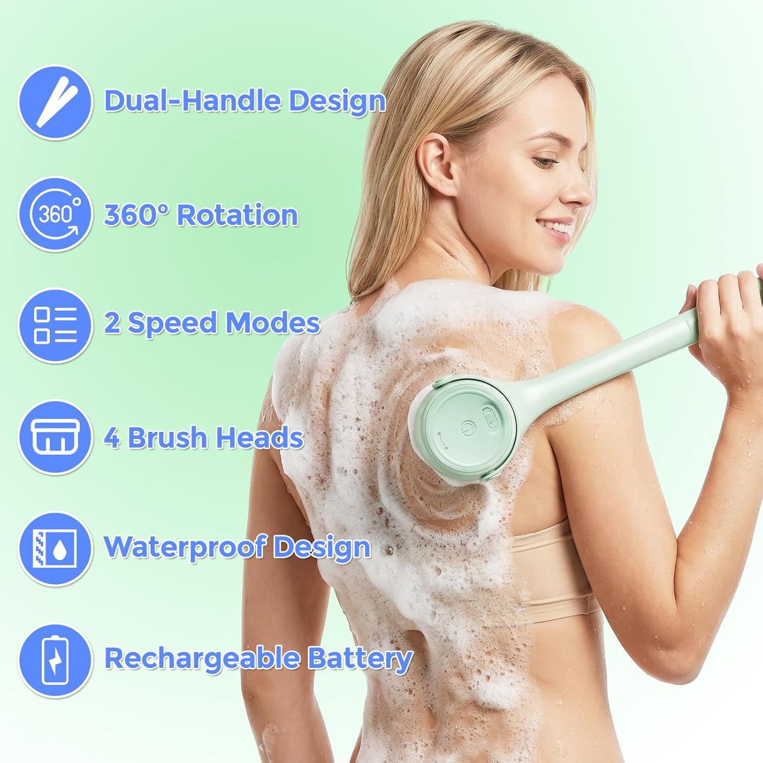 Tiiyee Electric Back Scrubber for Shower, Waterproof Rechargeable Exfoliating Brush Long Dual Handle Body Scrubber Bath Brush with 4 Heads 2 Speed for Back, Arms & Legs Deep Cleansing Massaging Skin