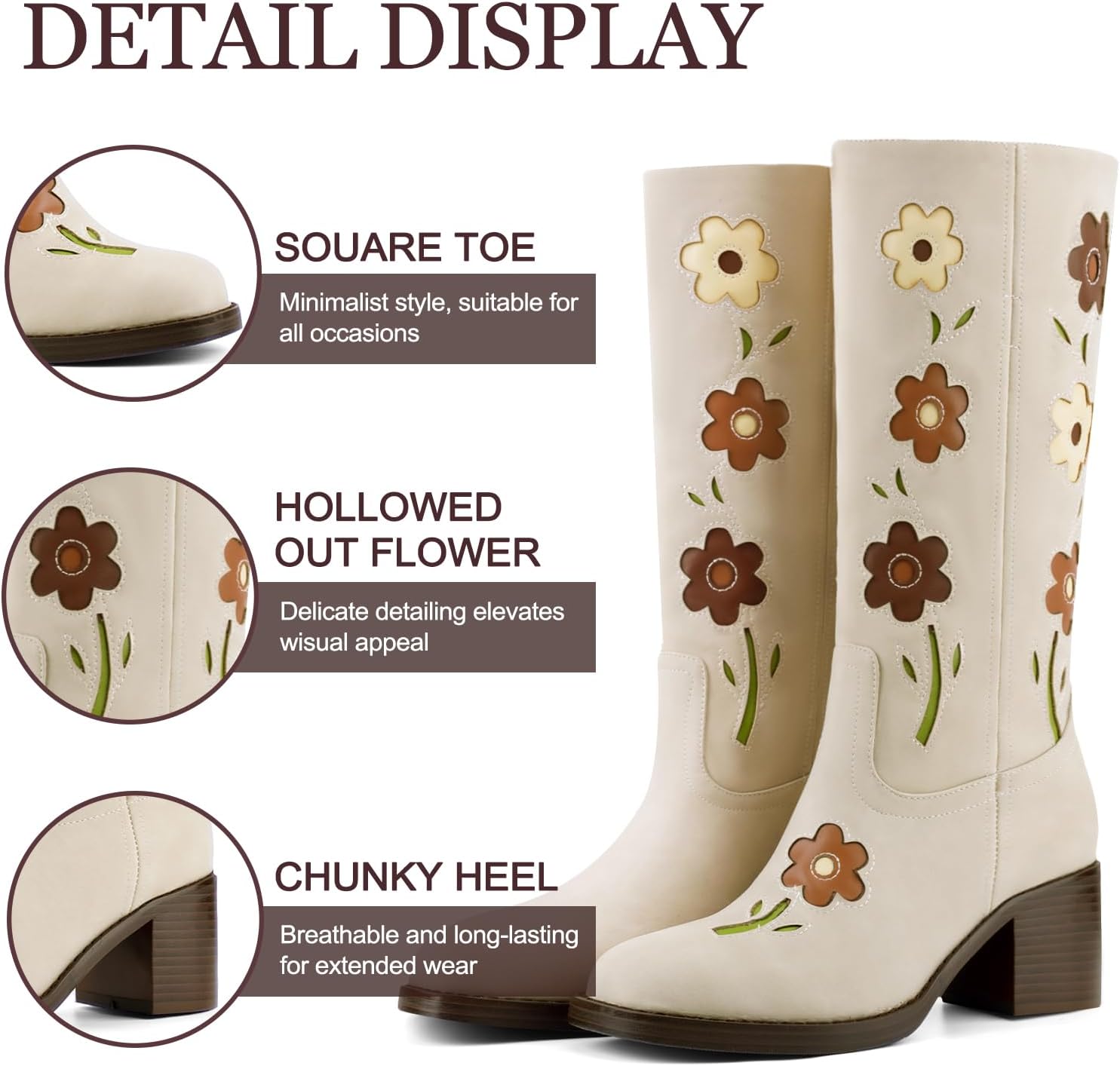 Women's Knee High Boots Square Toe Chunky Block Heel Tall Boots for Women Comfortable Casual Low Heel Trendy Stylish Flower Booties
