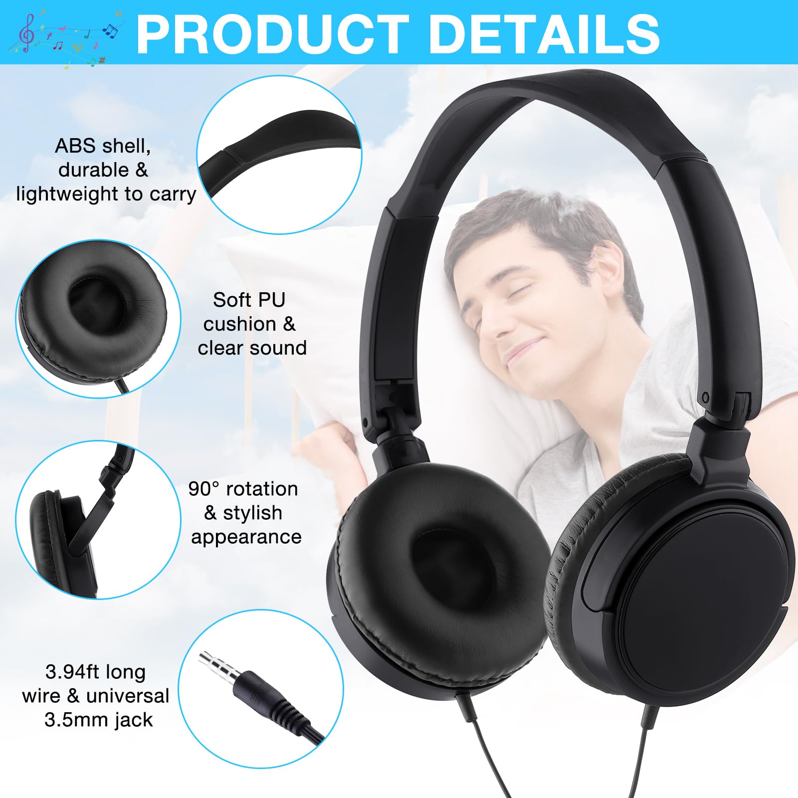 Yunsailing Lot de 6 casques de classe filaires en vrac pour l'école avec écouteurs réglables emballés individuellement (noir)
