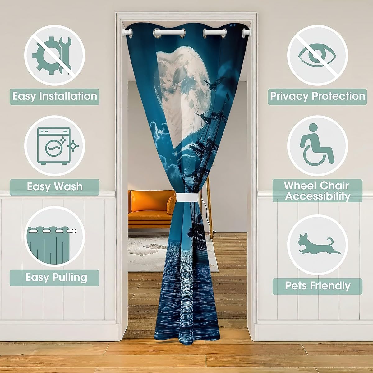 Feelyou Sailing Ship Door Curtain for Doorway Privacy 42" x 80" Moonlight Ocean Sea Closet Door Cover Curtain for Bedroom Living Room Coastal Room Divider Curtain Cover