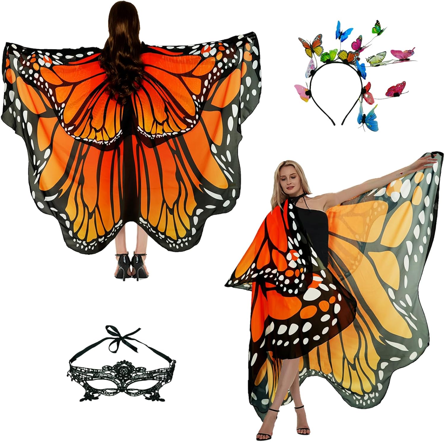 Halloween Costumes Women Adult Butterfly Costume Wings Cape with Lace Mask and butterfly Headband