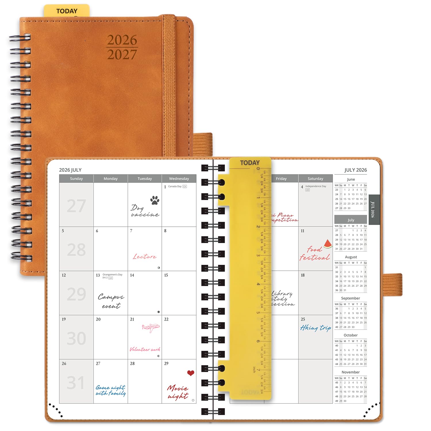 POPRUN 18 Month Planner (Jul'26 - Dec'27) 2026-2027 A6 (16x10.5cm) Pocket Month to View only Spiral Soft Cover 26/27 Monthly Planner,Sunday Start(Brown)