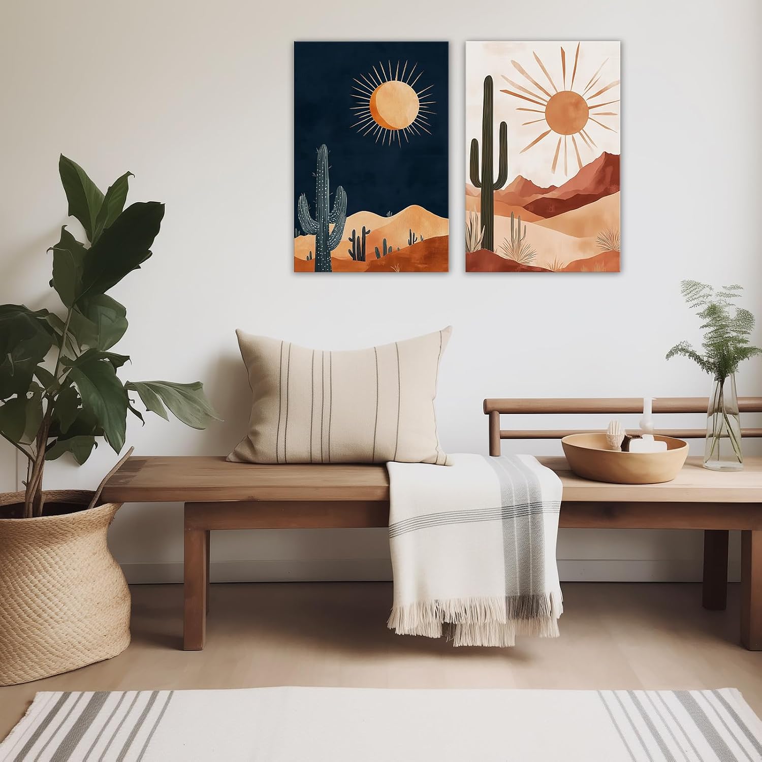 GLOKAKA Desert Cactus Wall Art 2 Pcs Boho Sun Minimalist Painting Print Southwestern Landscape Decor for Living Room Bedroom Bathroom Home(Artwork-3,20"x30"x2pcs)