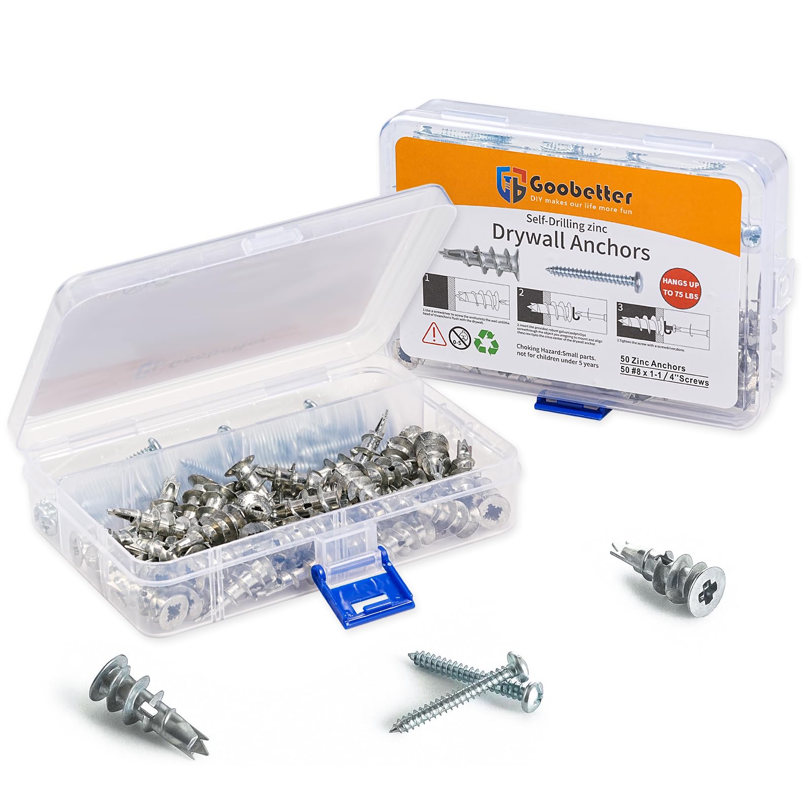 Drywall Anchors and Screws Kit, 100 Pcs Self Drilling Drywall Anchors, 50 Pcs Zinc Sheetrock Anchors and 50 Pcs #8 x 1-1/4" Metal Screws, Heavy Duty