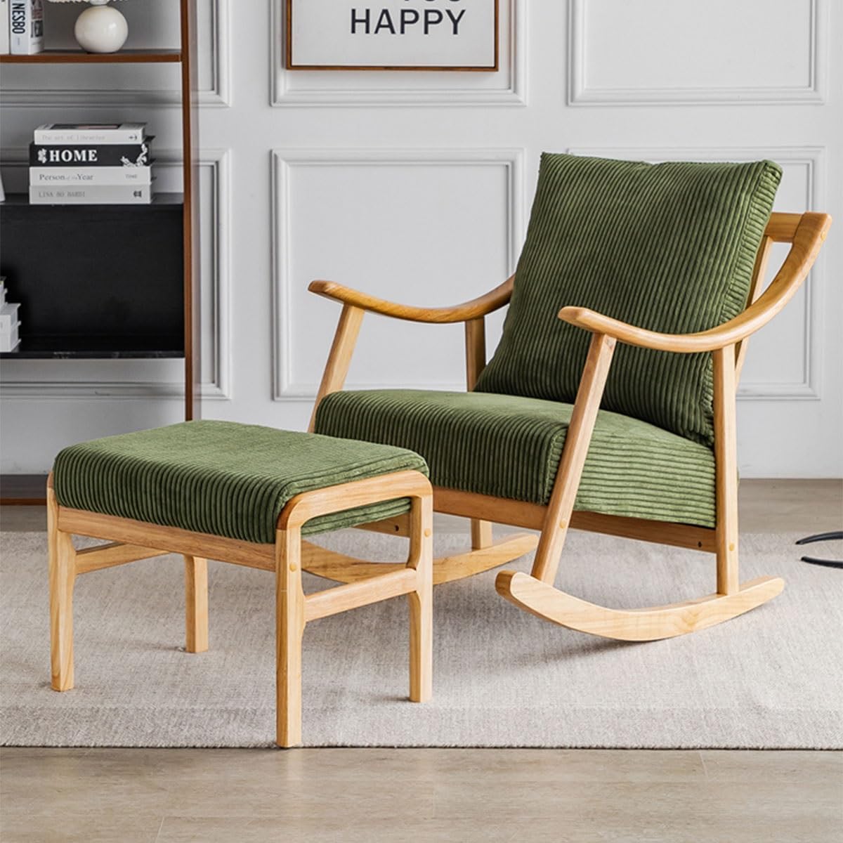 VNNHGB Leisure Sofa Rocking Chair Armchair w Ottoman for Living Room,Sponge Padded,Retro Chair Reclin Chairs w Solid Wood Legs,Removable Chair Cov/Green w Footstool/Size