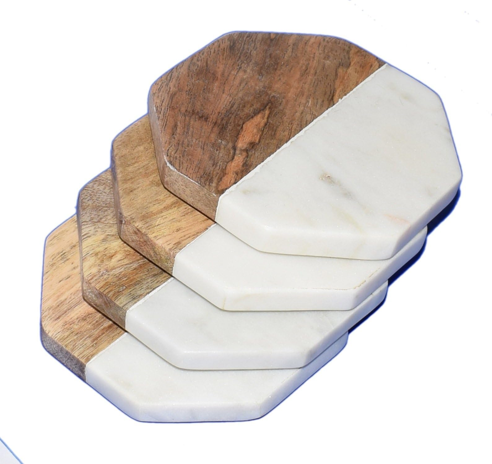 Marble & Mango Wood Coasters – White Carrara Marble Stone Set of 4 Coasters for Your Bar and Home Drinks