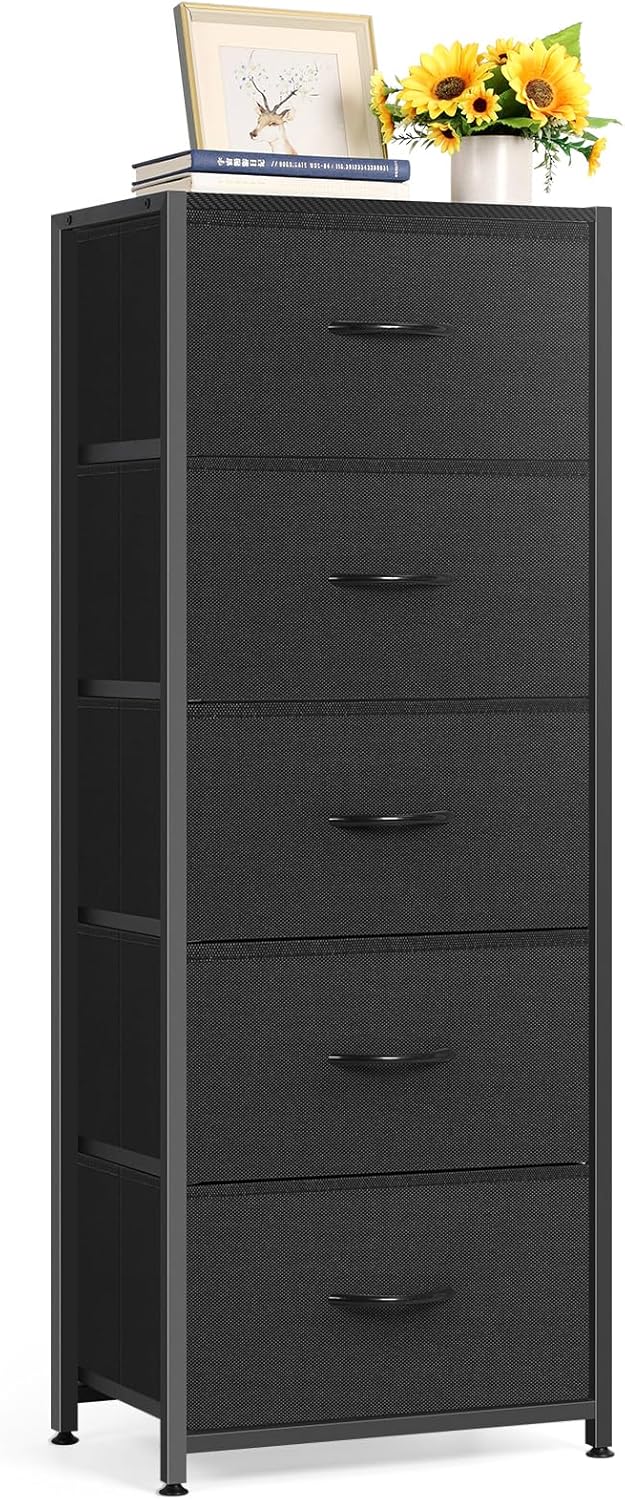 MOOACE 5 Drawer Dresser for Bedroom, Tall Fabric Storage Drawers, Tower Organizer Unit Chest of Drawers with Wooden Top for Closets Living Room Hallway Entryway, Metal Frame, Black