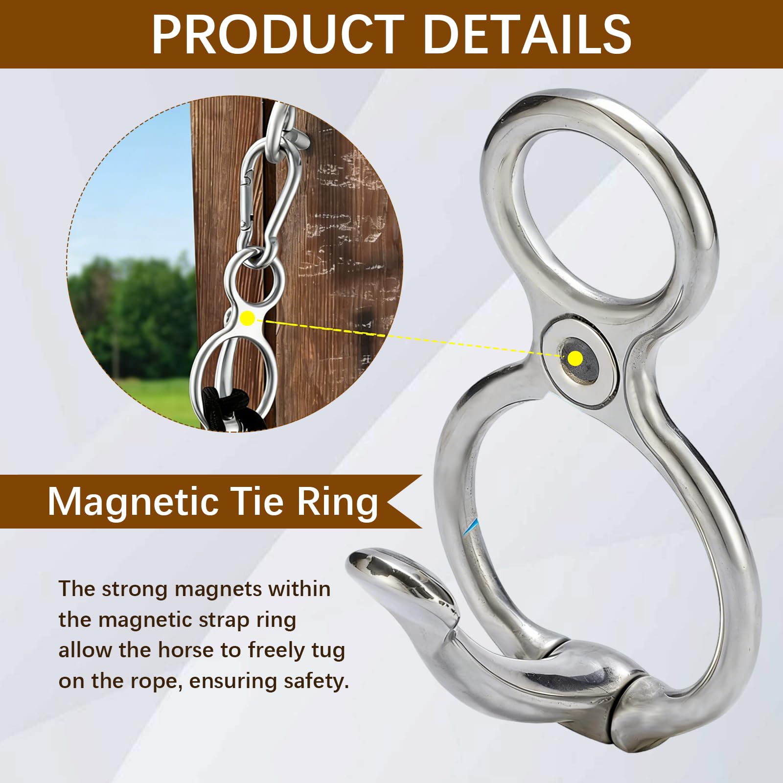 Lot de 4 Anneau d'attache pour Cheval, Anneau de Cravate pour Chevaux en Acier Inoxydable Accessoires d'attache de Sécurité, Anneaux Magnétique pour Attacher et Rétracter Rapide