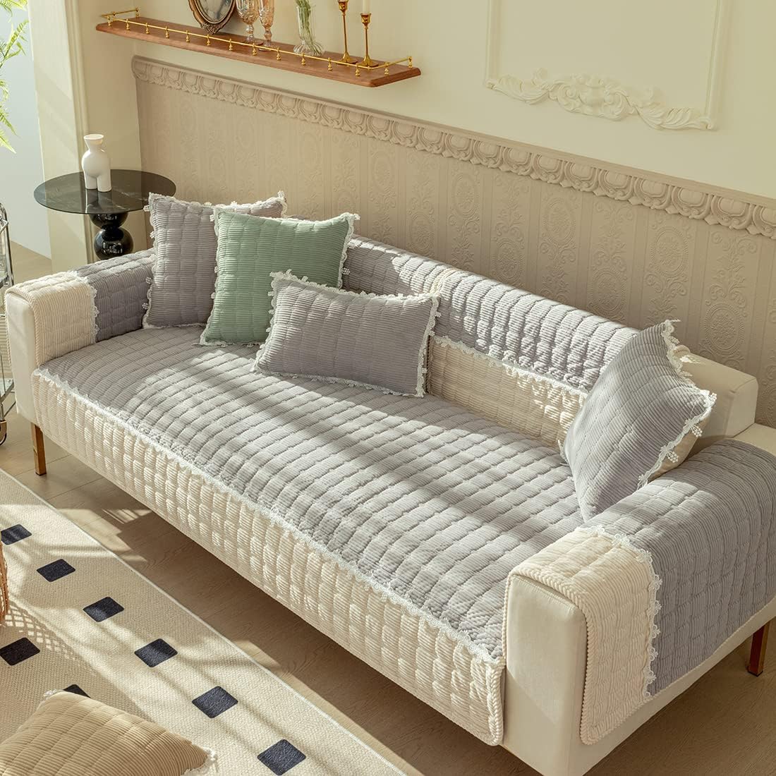vctops Patchwork Corduroy Warm Sofa Cover Elegant Lace Quilted Sectional Couch Cover Soft Thick Non-Slip Sofa Slipcover Washable Furniture Protector for Living Room (Grey,36"x63")