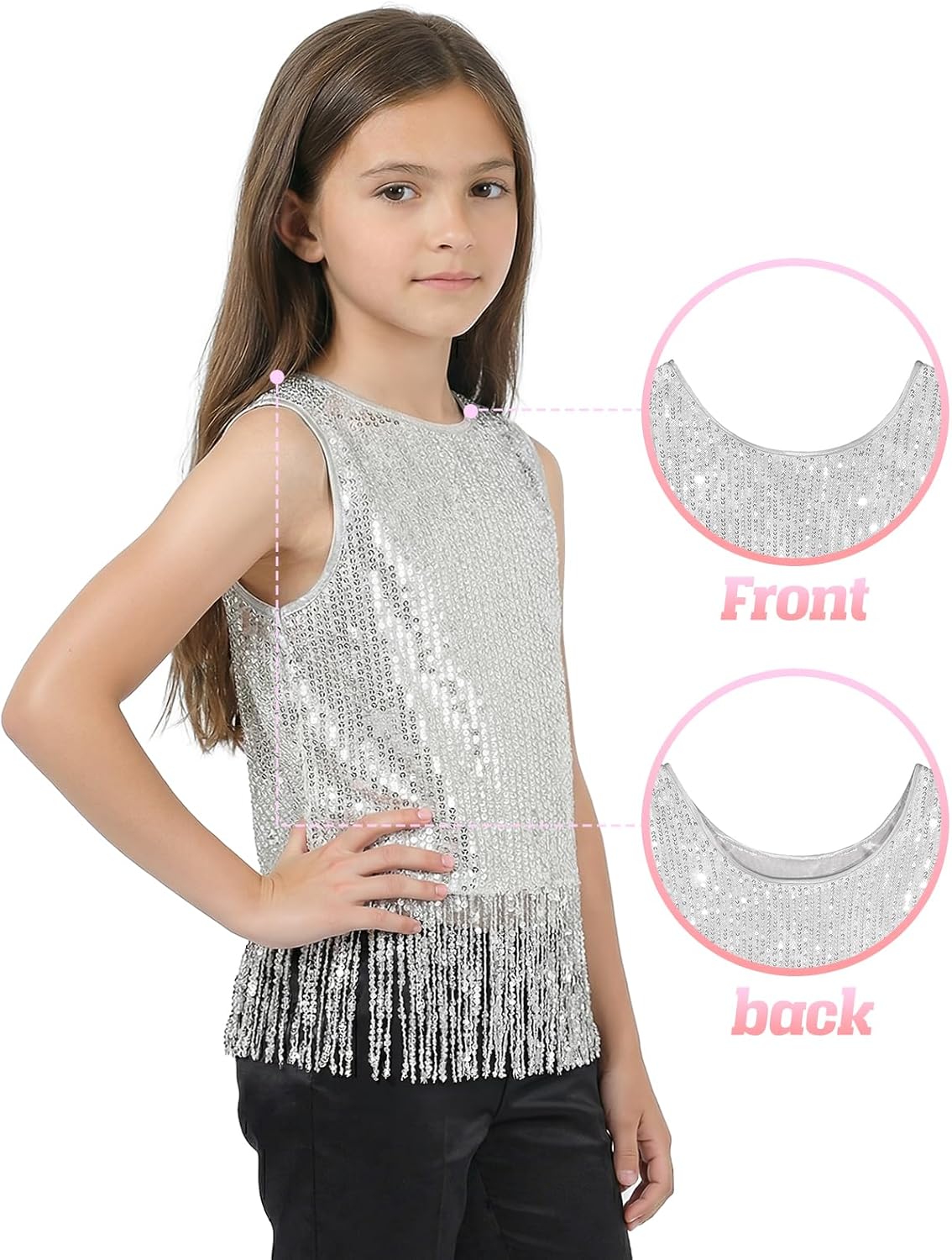 Noomelfish Girls Sequin Fringe Crop Tops Tassel Sparkly Glitter Dance Sleeveless Tank Shirt (5-12 Years) - Image 3