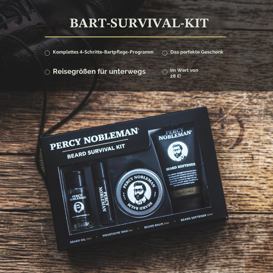 Percy Nobleman Bart Survival Kit - Bartpflege & Pflegeset mit duftendem Bartöl, Bartbalsam, Schnurrbartwachs & Bartweichmacher für Konditionierung, Weichmachung, Hydratation, Styling & Bartpflege