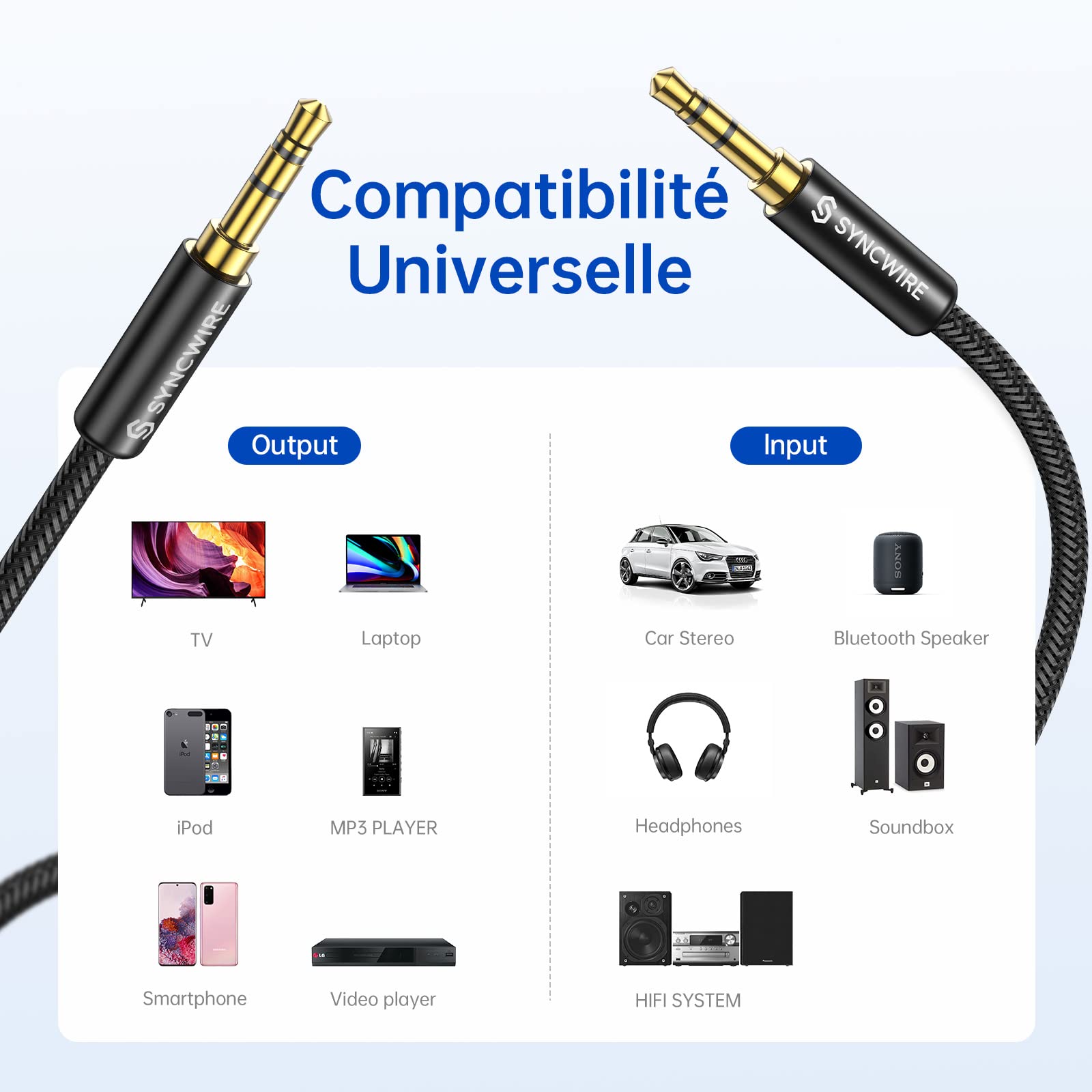 Syncwire Câble Jack Audio Câble Auxiliaire 3.5mm mâle vers mâle [Plaqué Or] stéréo en Nylon pour iPhone, Samsung, iPod, iPad, Voiture, Casque, Autoradio, Smartphones, MP3 etc. - 1M Noir