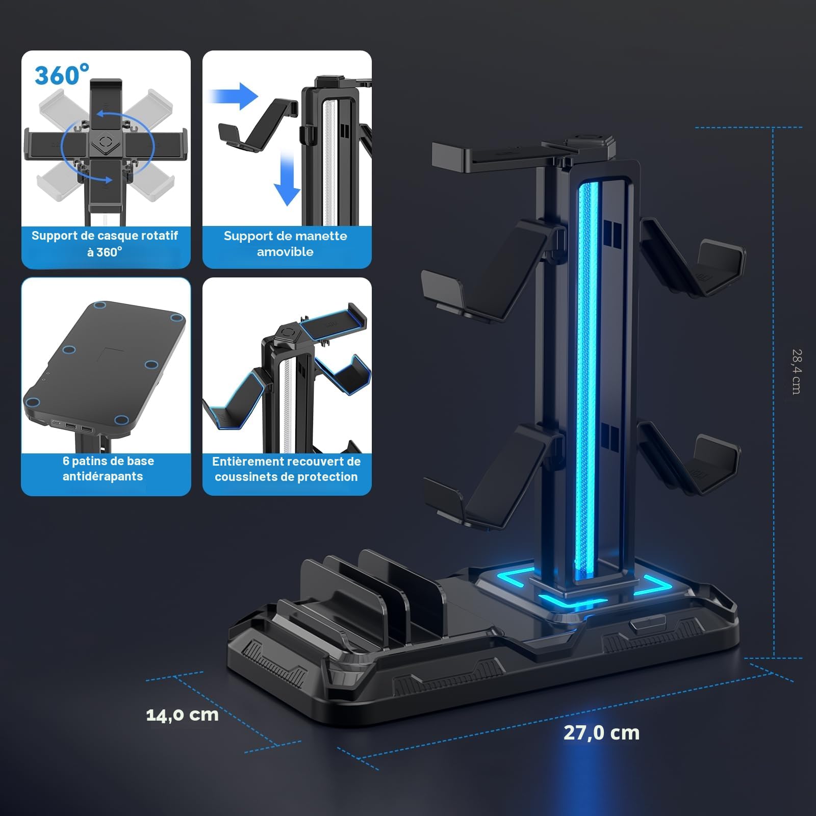 KDD Support Casque Bureau avec Support Téléphone - Support Manette Détachable avec 9 Modes d'éclairage, Repose Casque Gaming avec Ports de Charge USB, Porte Casque Rotatif pour PC Gaming Accessoire