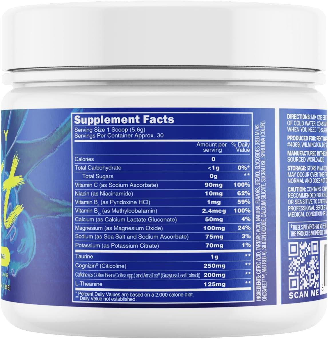Rekt Energy + Focus Powder, Blue Raspberry - Clean Energy, Zero Sugar, Zero Calories, 200mg Natural Caffeine, Nootropics, L-Theanine, Energy Drink Mix (30 Servings)