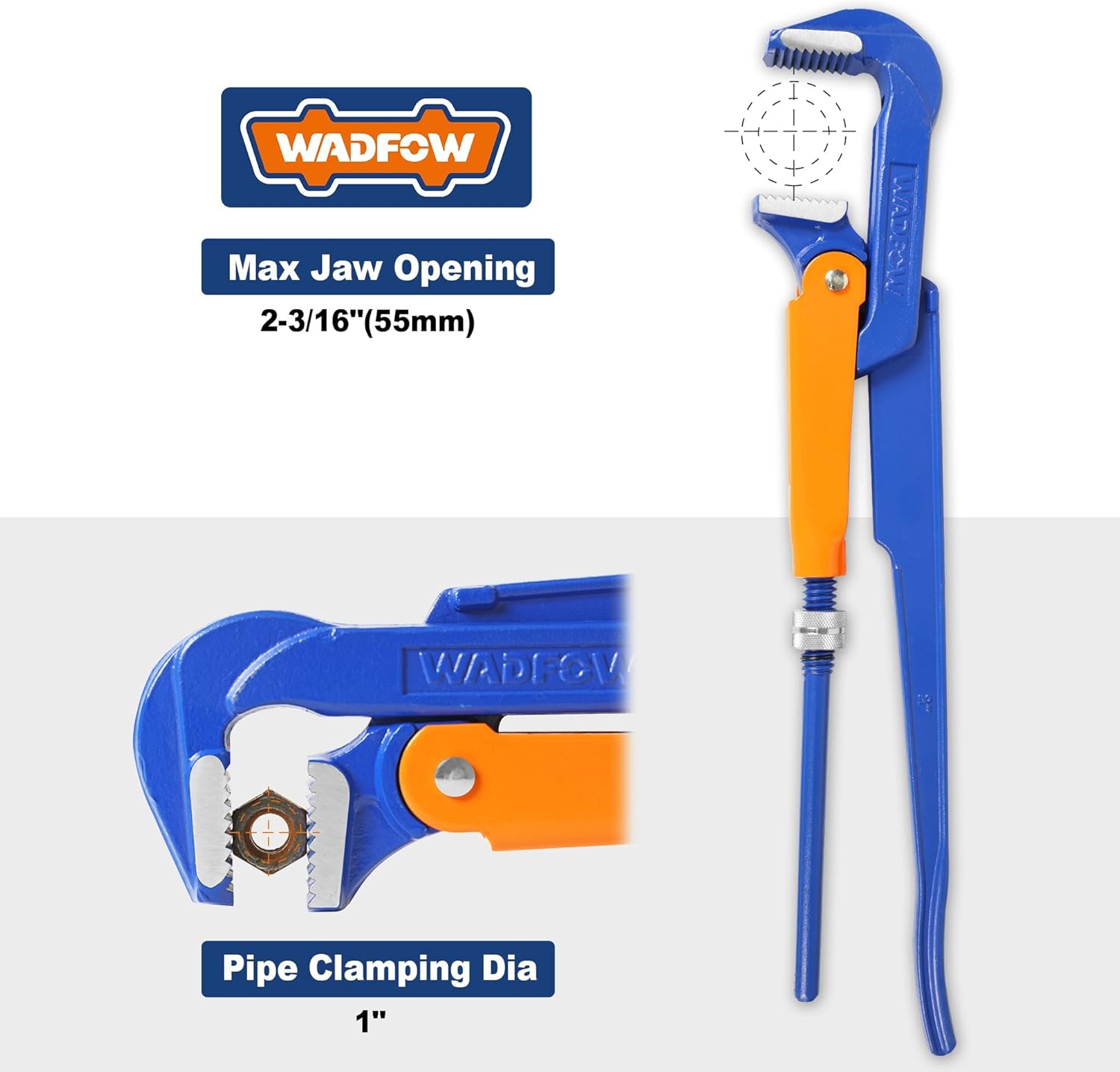 WADFOW Swedish Pattern Type A Wrench: Size 1 1/2" with 55 mm Max Jaw Opening, 15 inch x 90 Degree Angle Corner Pipework, Red Lacquered Finish