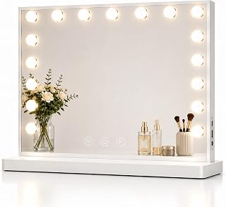 Makeup Mirror with Lighting, 80 x 60 cm Hollywood Mirror with 17 LED Lights, Dimmable Makeup Mirror