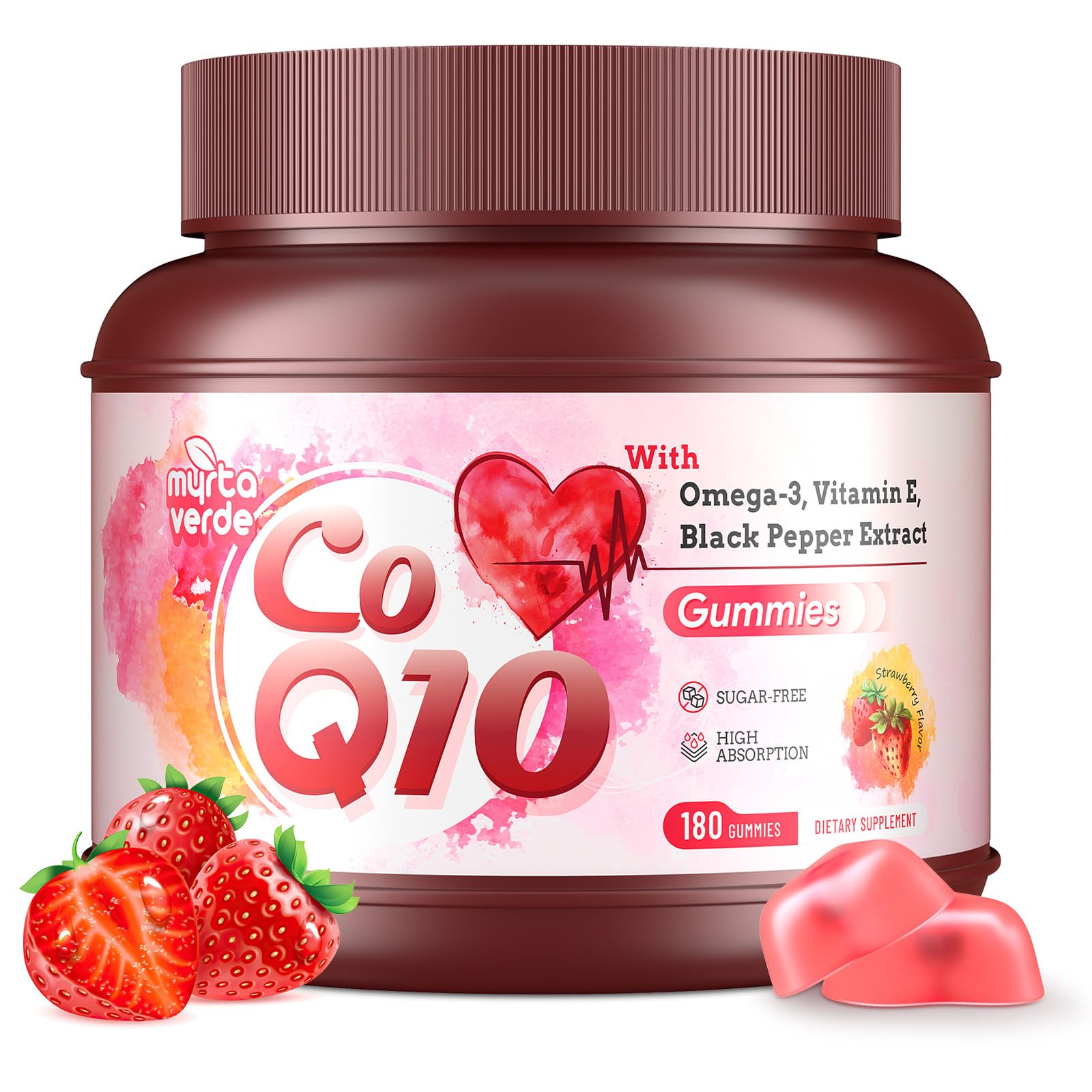 180 Count CoQ10 Gummies 300mg Sugar-Free High Absorption Coenzyme Q10 Supplements with Omega-3 Vitamin E Black Pepper Heart