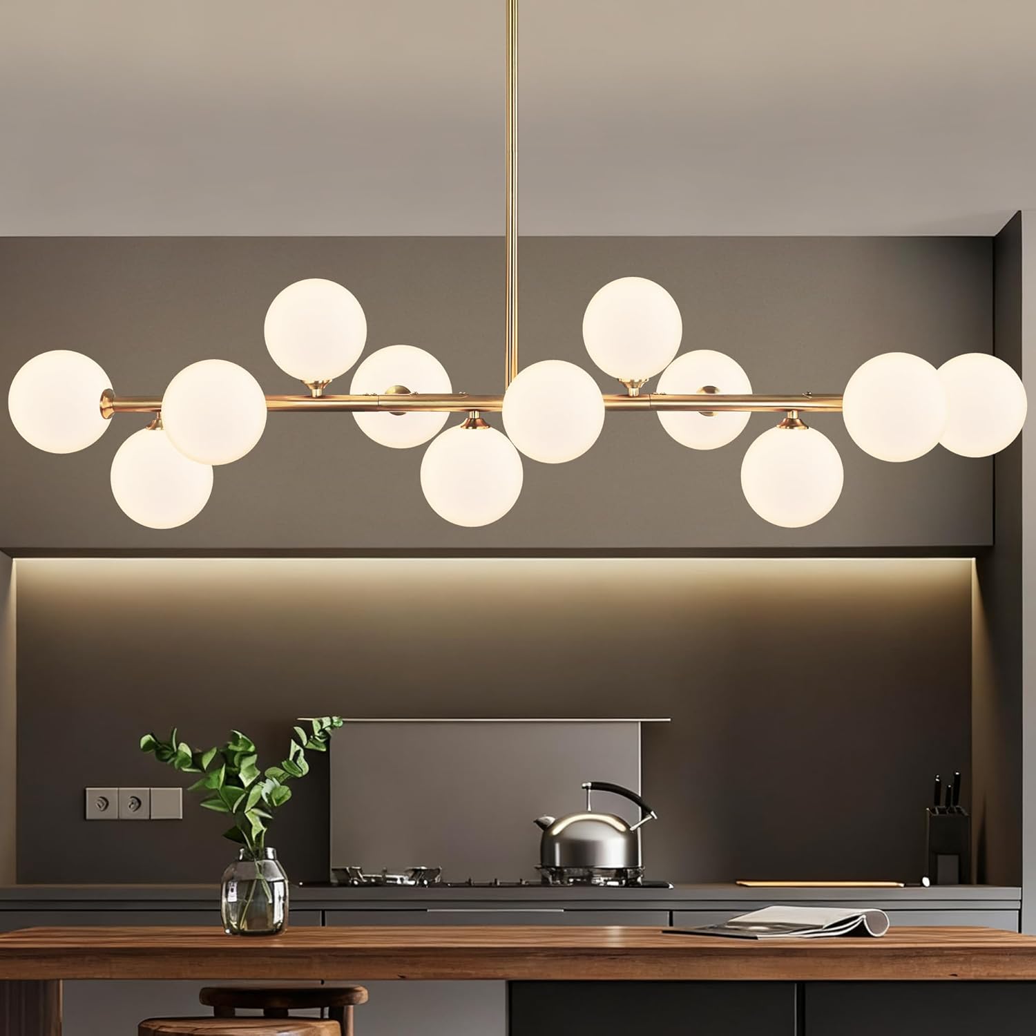 Linear Chandeliers for Dining Room 12 Light Gold Sputnik Linear Chandelier, 50.6" Dining Room Light Fixture Brass Kitchen Island Lighting with White Glass Globe Chandelier for Living Room