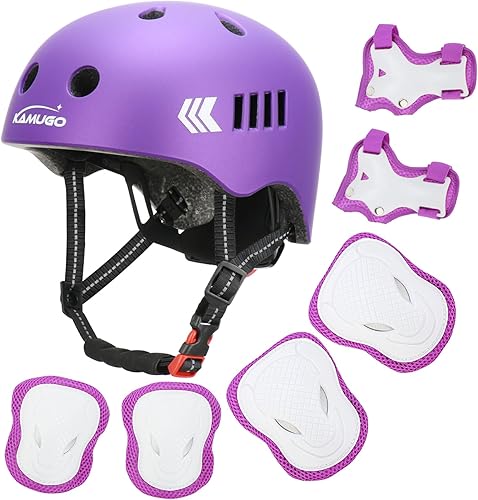 KAMUGO Juego de casco de bicicleta para niños, casco para niños de 2 a 8 años con equipo de protección deportiva, rodilleras, coderas, muñequeras
