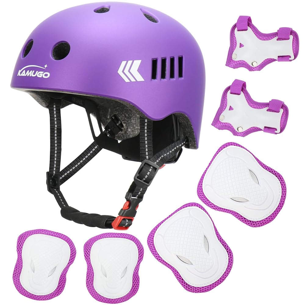 KAMUGO Kids Bike Helmet, Toddler Helmet for Ages 2-8 Boys Girls with Sports Protective Gear Set Knee Elbow Wrist Pads for Skateboard Cycling Scooter Rollerblading(Purple)